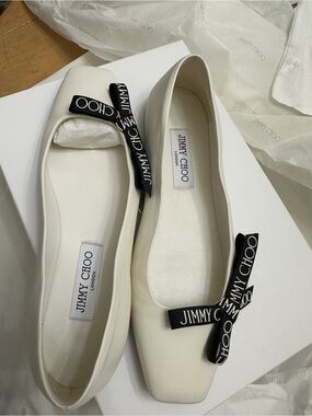 Jimmy Choo White Leather Ballet Flats with Black Branded Bow